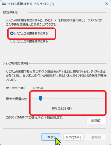 Windows 11 システム保護 有効化設定画面