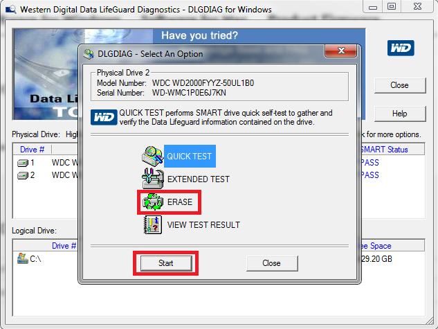alt="ドライブを選択後、テストや初期化を実行するための操作画面" 