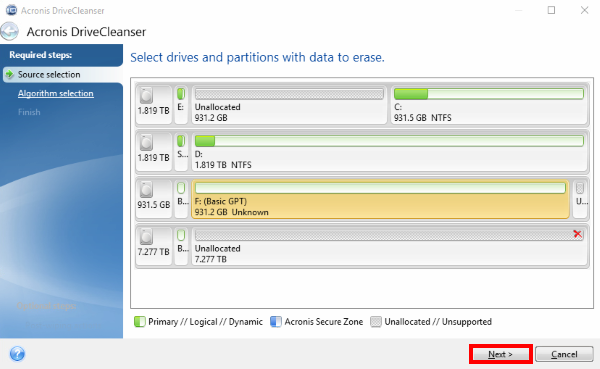 完全削除するハードディスクやSSDを選択する操作画面
