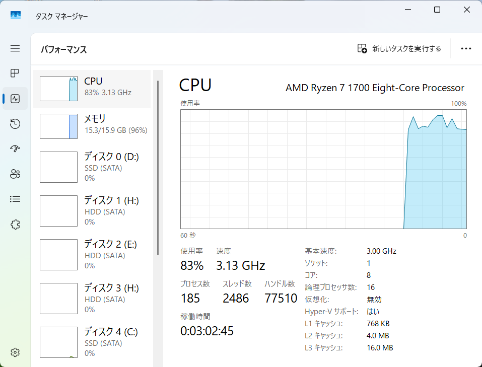 タスクマネージャー メモリ使用率画面