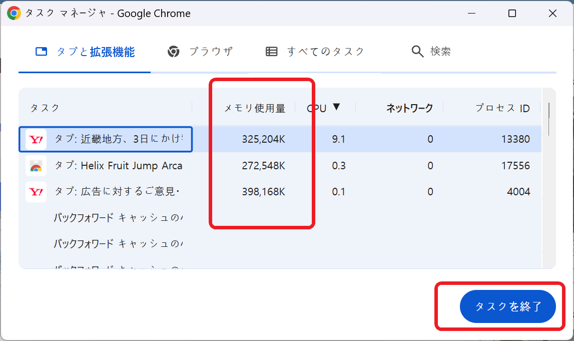 Chrome タスクマネージャー メモリ使用量