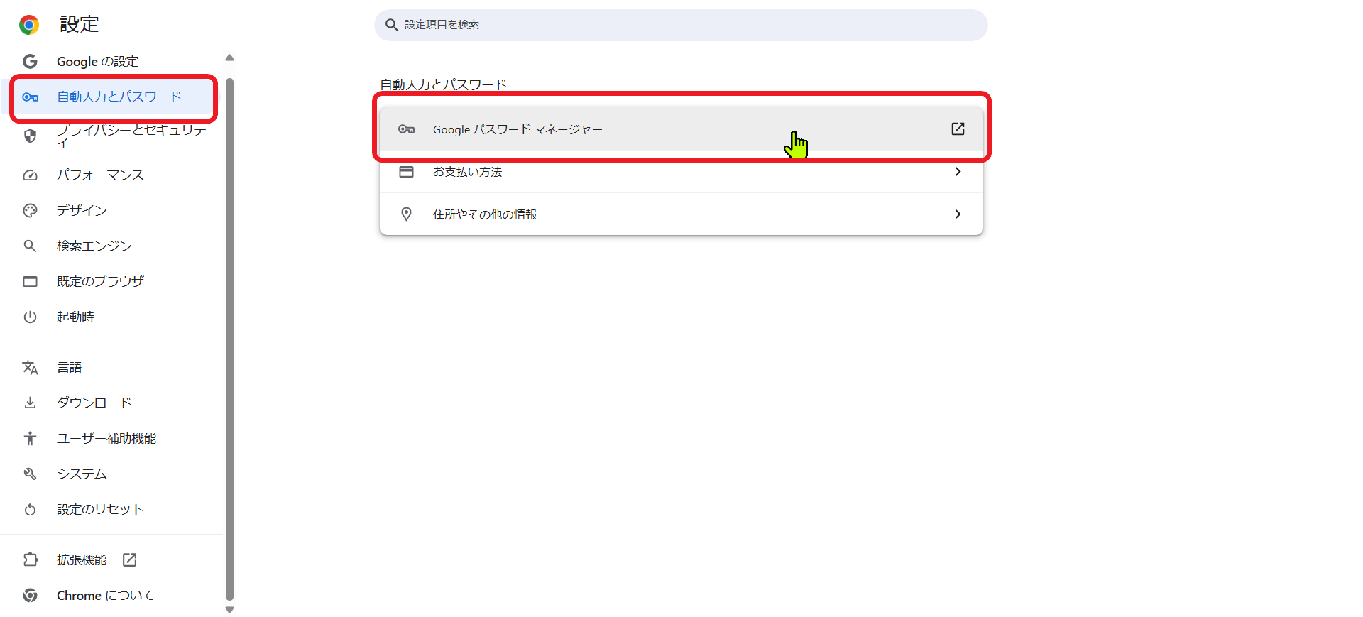 自動入力とパスワード 画面