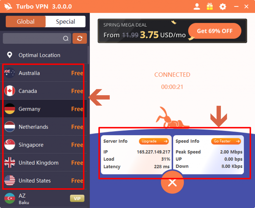 Turbo VPNで通信を暗号化して接続している画面 