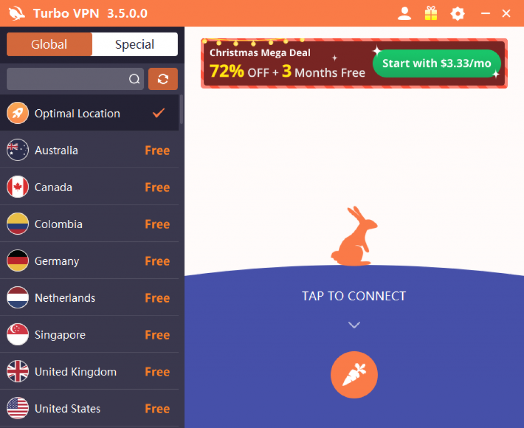 터보vpn 앱을 실행하면 나오는 안내 화면을 통해 별도의 가입 없이 즉시 접속 상태로 전환할 수 있습니다.