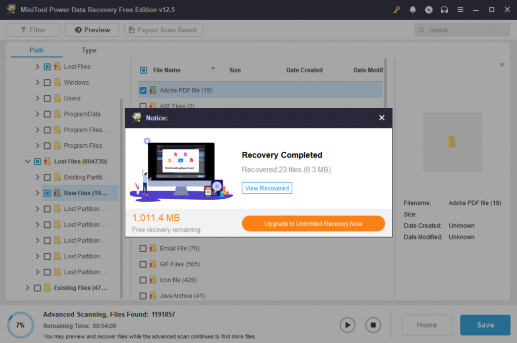 MiniTool Power Data Recovery  복구 완료