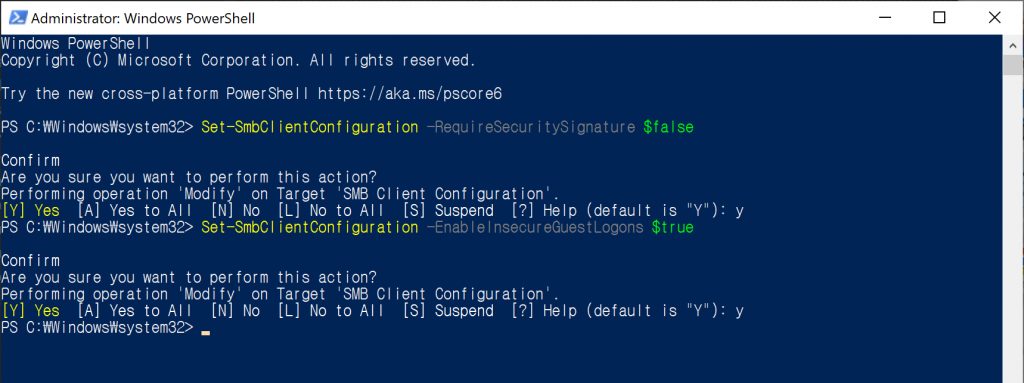 Set-SmbClientConfiguration 実行例