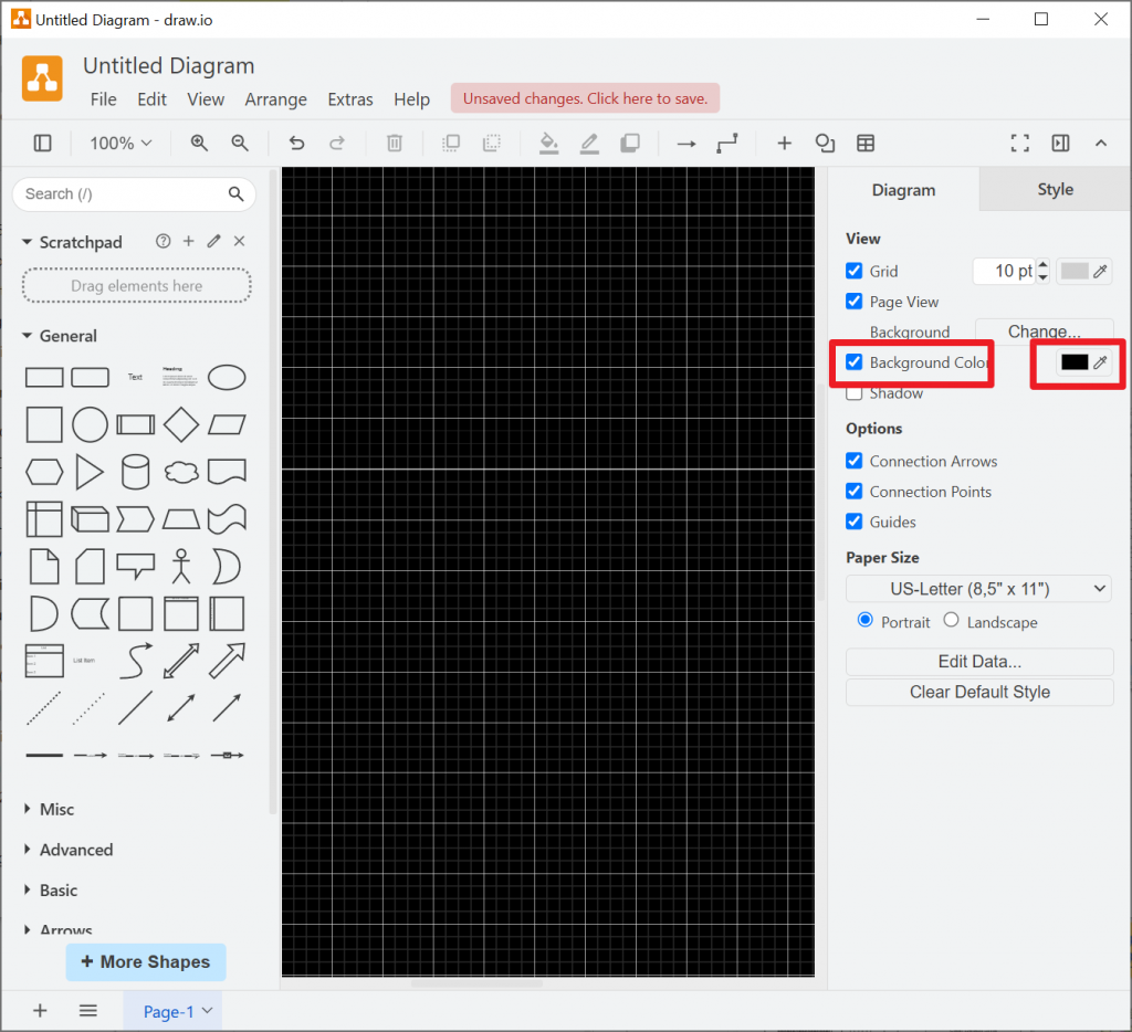 draw.io black background setting