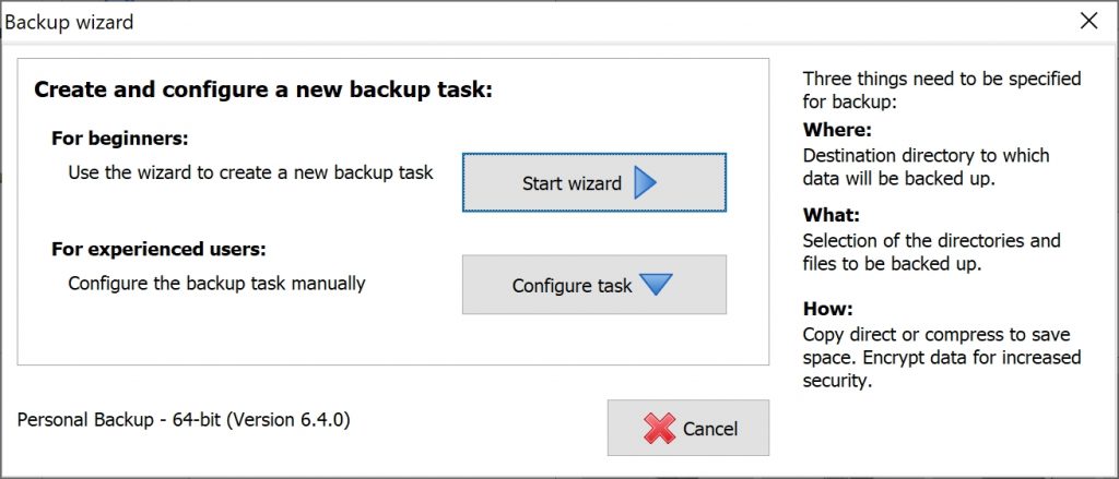 Start wizard screen in Personal Backup