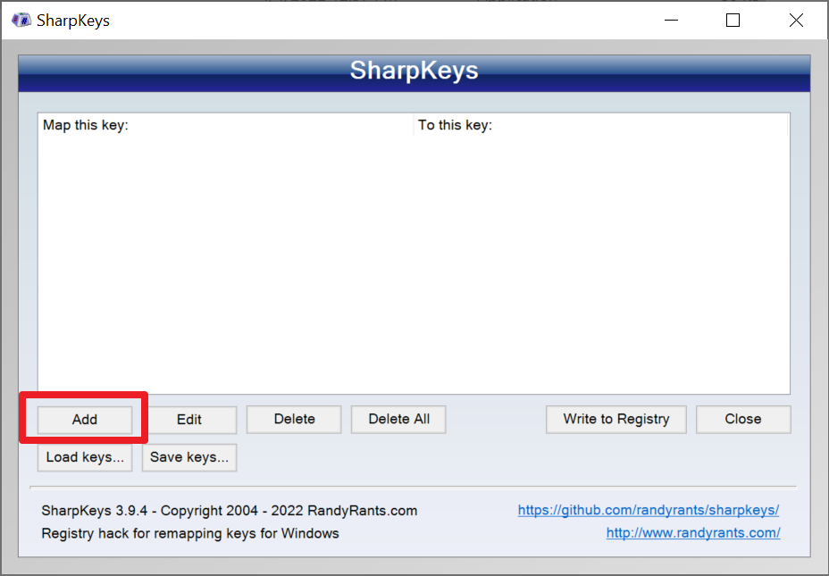 SharpKeys main screen showing Add button