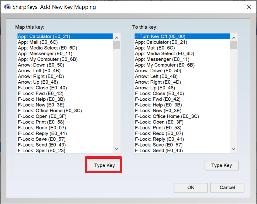 SharpKeys - Type Key window for detecting pressed key