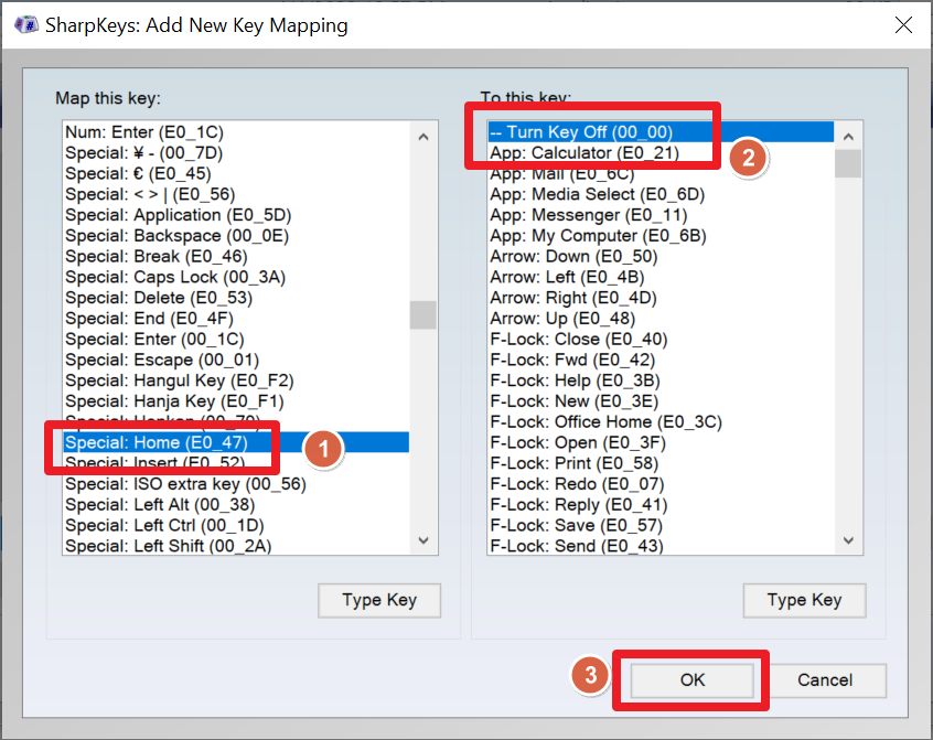 SharpKeys mapping a key to Turn Key Off
