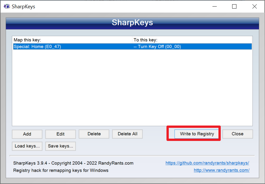 SharpKeys - Write to Registry button
