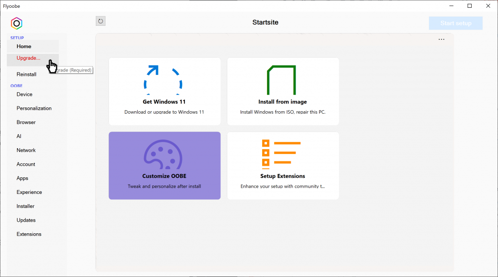 Flyoobe main menu screen showing Get Windows 11 option
