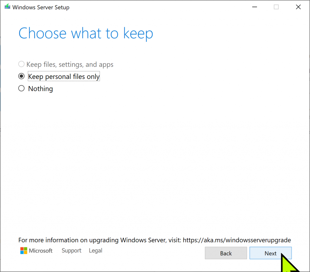 Confirmation screen for keeping data during installation