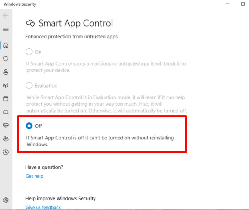 Smart App Control mode selection options in Windows 11