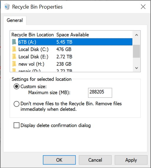 Recycle Bin Properties – Key Settings