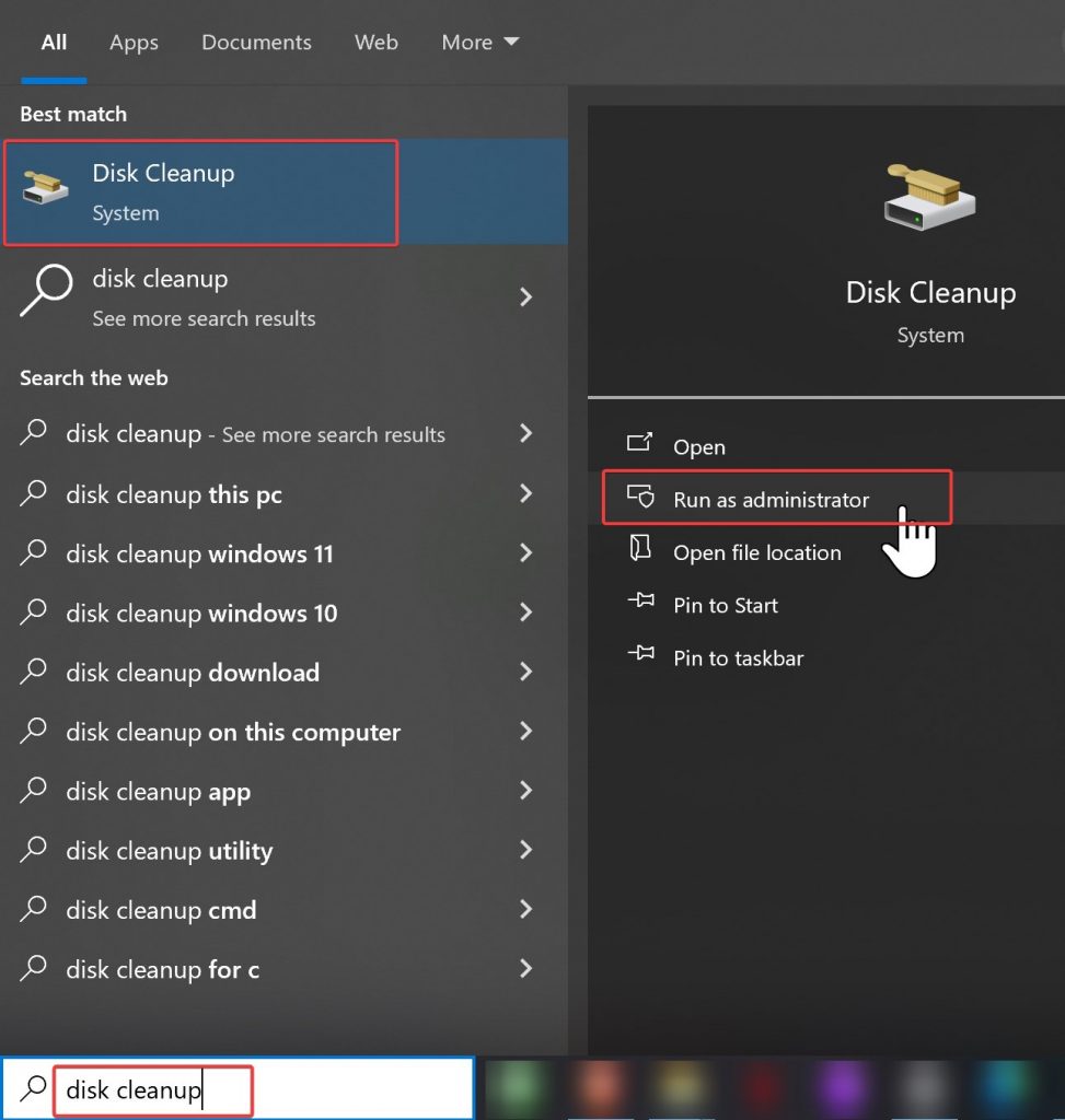 Search for Disk Cleanup in Windows 10