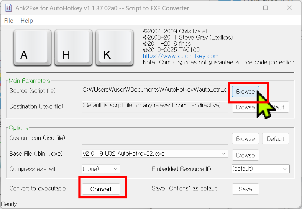 AutoHotkey Ahk2Exe conversion tool interface