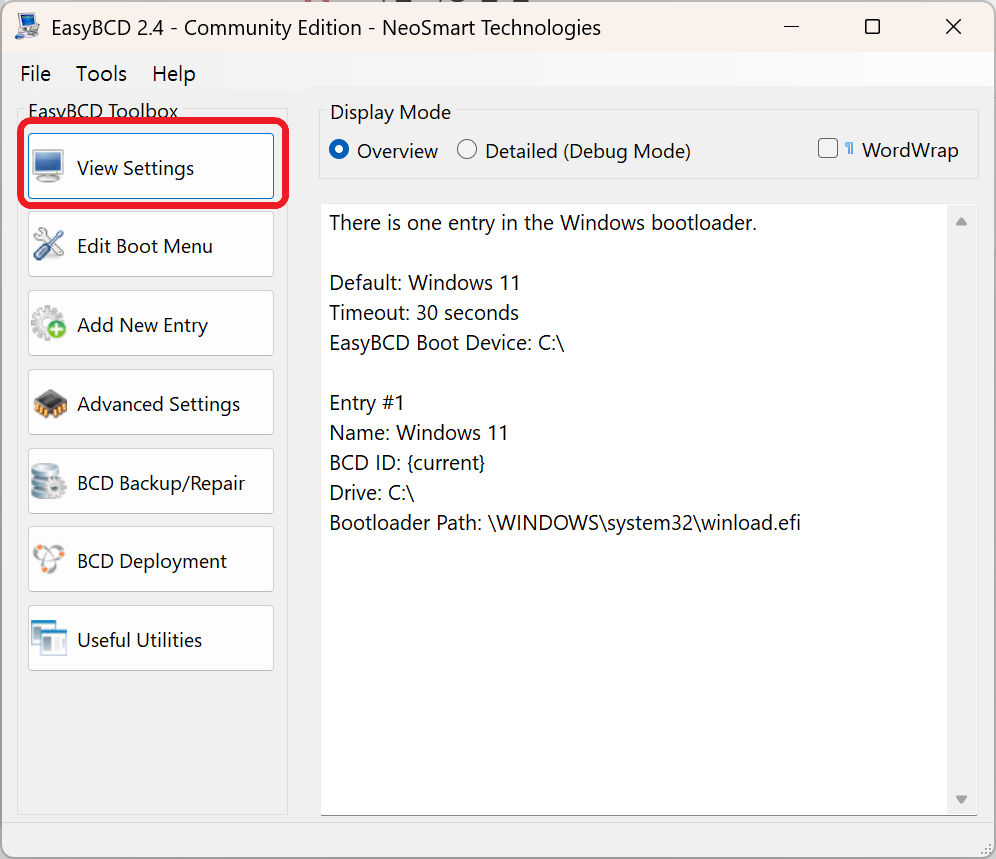 EasyBCD 現在の起動メニュー確認画面