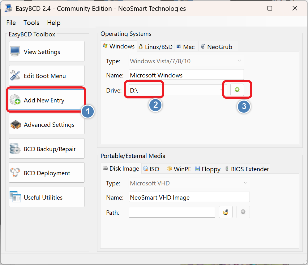 EasyBCD 新しい起動項目の追加方法