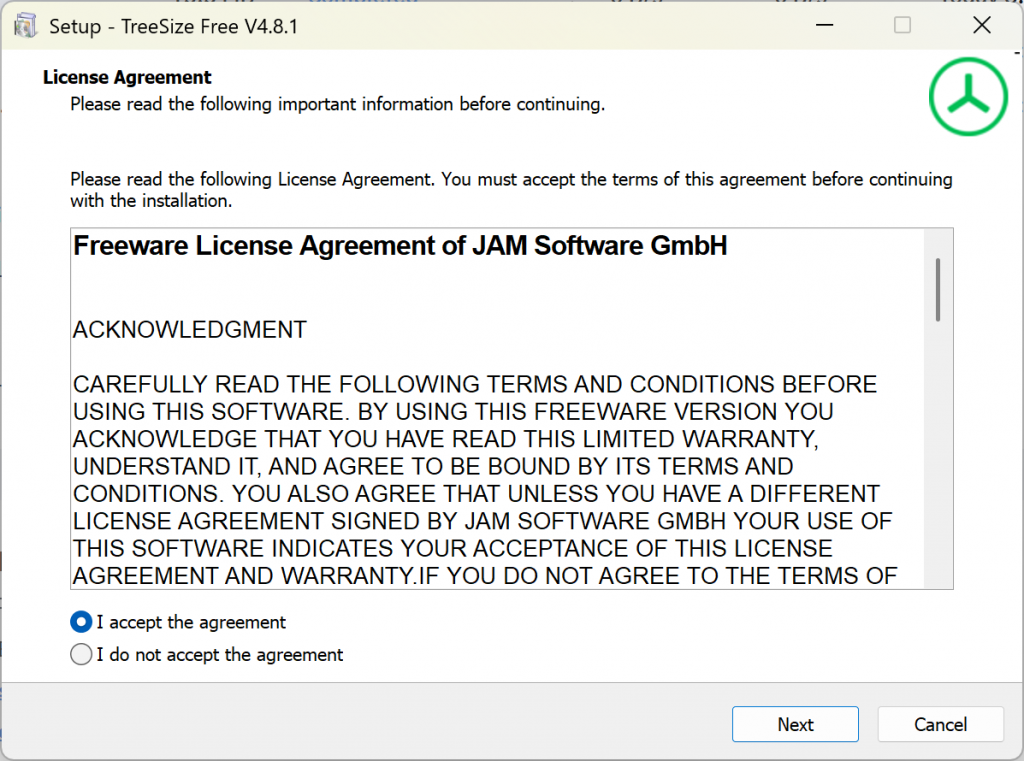 TreeSize license agreement installation step