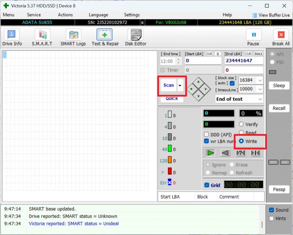 Victoria 5.37 Write mode selected for sector rewrite test