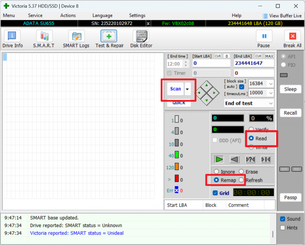 Victoria 5.37 Remap mode selected for bad sector repair scan