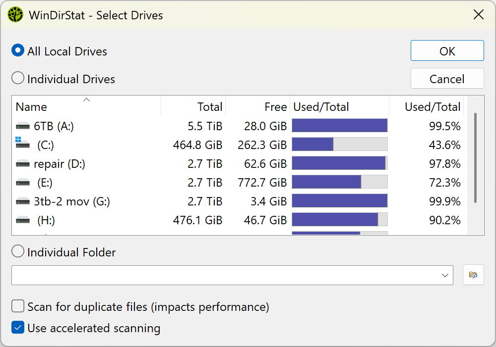 WinDirStat drive selection window before scanning disk space