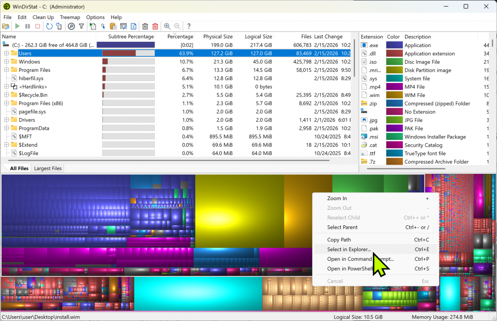 WinDirStat treemap showing large files and select in explorer option